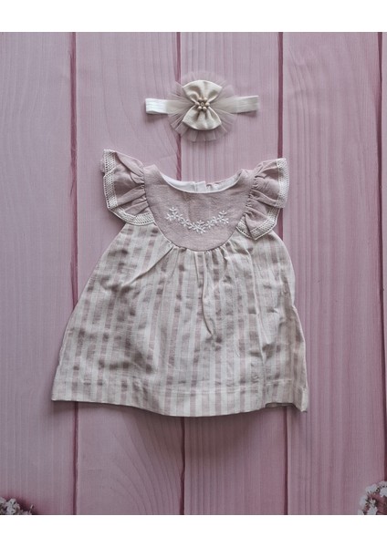 Bandanalı Vintage Çizgili Çiçek Nakışlı Yazlık Kız Bebek Romper