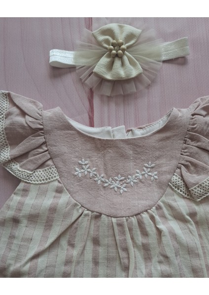 Bandanalı Vintage Çizgili Çiçek Nakışlı Yazlık Kız Bebek Romper fiyatları