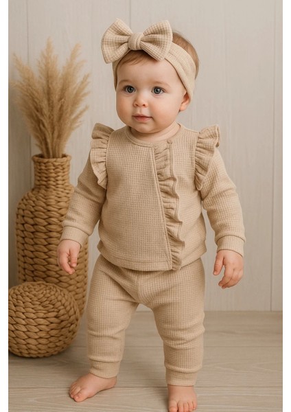 Orkide Desenli Fisto Detaylı 3 Parça Kız Bebek Takımı %100 Pamuk