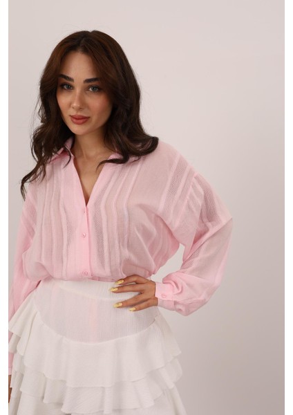 Kadın Pembe Transparan Nakışlı Gömlek