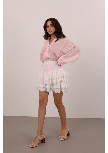 Kadın Pembe Transparan Nakışlı Gömlek