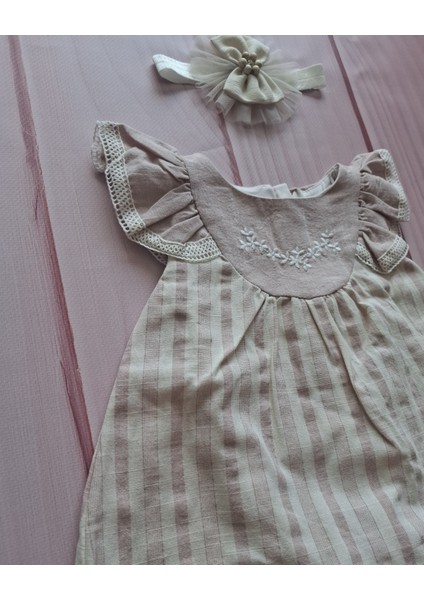 Bandanalı Vintage Çizgili Çiçek Nakışlı Yazlık Kız Bebek Romper fırsatları