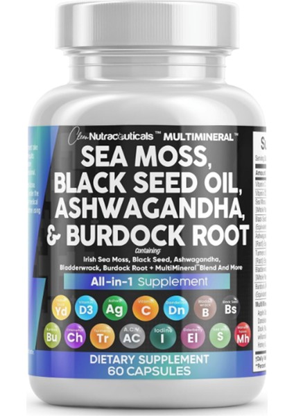 Sea Moss Black Seed Oil Turmeric Bladderwrack Burdock & Vıtamın C Vıtamın D3 With Elderberry Manuka Dandelion Yellow Dock Iodine.60 Capsul.abd Menşei