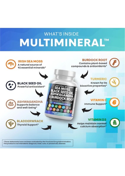 Sea Moss Black Seed Oil Turmeric Bladderwrack Burdock & Vıtamın C Vıtamın D3 With Elderberry Manuka Dandelion Yellow Dock Iodine.60 Capsul.abd Menşei fiyatları