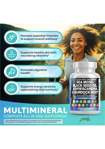 Sea Moss Black Seed Oil Turmeric Bladderwrack Burdock & Vıtamın C Vıtamın D3 With Elderberry Manuka Dandelion Yellow Dock Iodine.60 Capsul.abd Menşei fırsatları