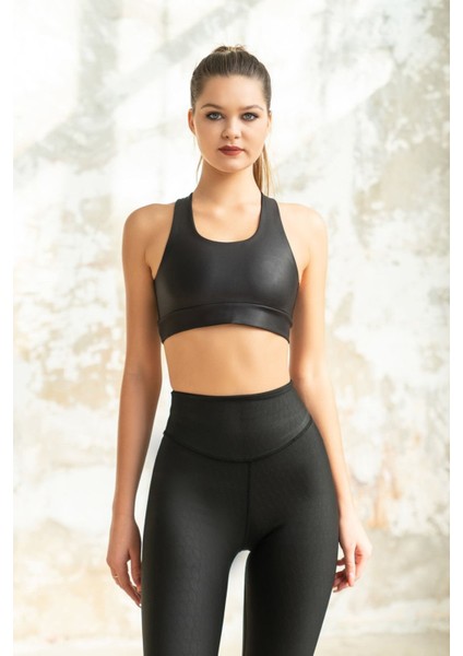 Dar Kesim Toparlayıcı Desenli Deri Görünümlü Spor Tayt fiyatları