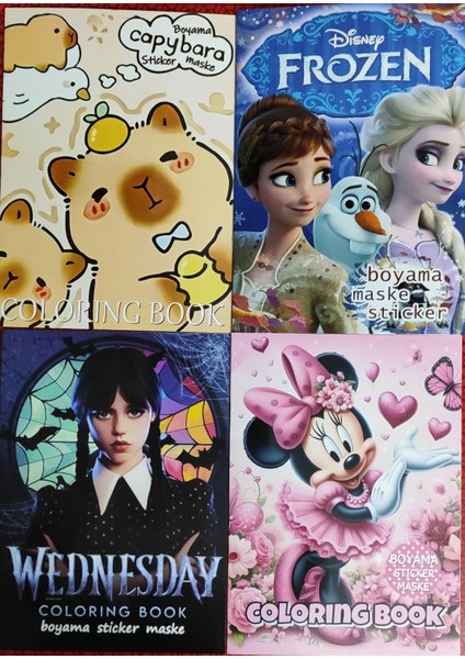 4 Adet Stickerli Boyama Kitabı (Frozen/capybara*/wednesday /minnie Figürlü)