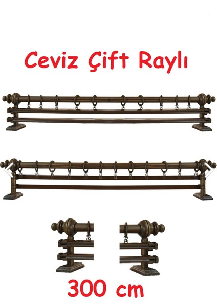 Ceviz Çift Raylı Ahşap Rustik Perde Askısı - Al Rustik Borusu 300 cm