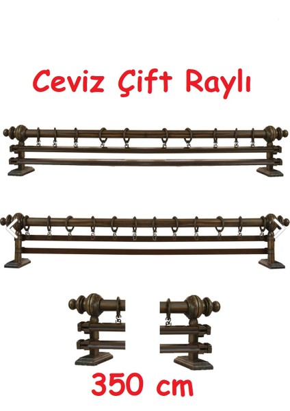 Ceviz Çift Raylı Ahşap Rustik Perde Askısı - Al Rustik Borusu 350 cm