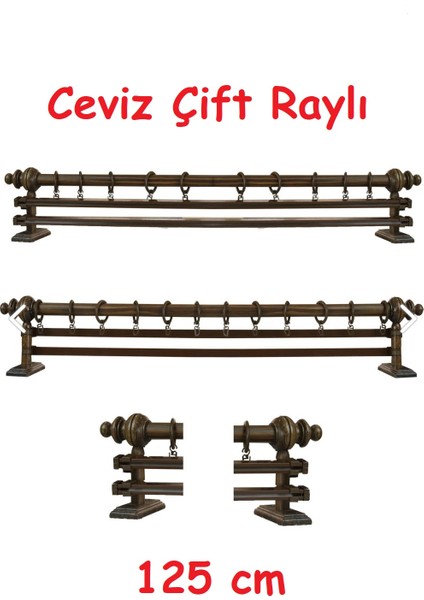 Ceviz Çift Raylı Ahşap Rustik Perde Askısı - Al Rustik Borusu 125 cm