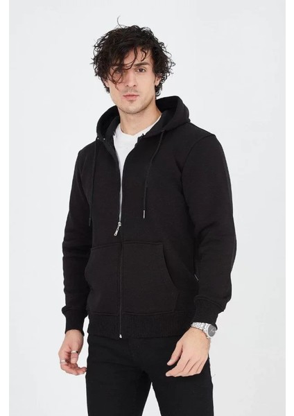 Erkek Kapüşonlu Düz Fermuarlı Hırka - Siyah indirimleri