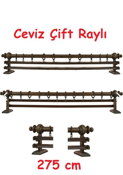 Ceviz Çift Raylı Ahşap Rustik Perde Askısı - Al Rustik Borusu 275 cm