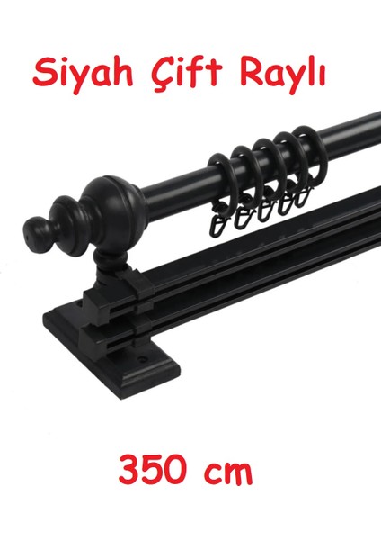Siyah Çift Raylı Ahşap Rustik Perde Askısı - Al Rustik Borusu 350 cm