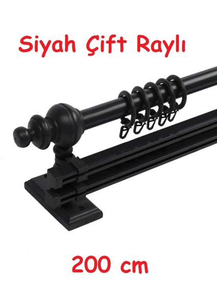 Siyah Çift Raylı Ahşap Rustik Perde Askısı - Al Rustik Borusu 200 cm