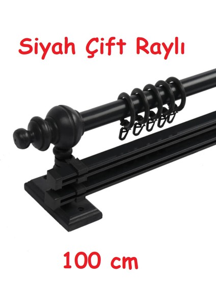 Siyah Çift Raylı Ahşap Rustik Perde Askısı - Al Rustik Borusu 100 cm