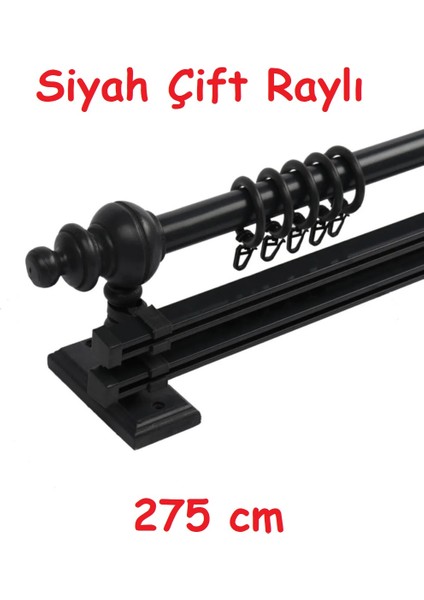 Siyah Çift Raylı Ahşap Rustik Perde Askısı - Al Rustik Borusu 275 cm
