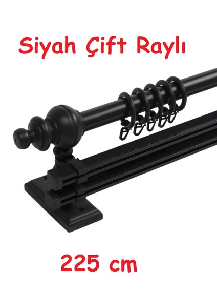 Siyah Çift Raylı Ahşap Rustik Perde Askısı - Al Rustik Borusu 225 cm