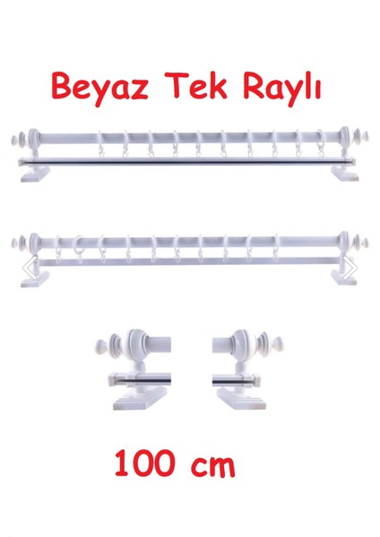 Beyaz Tek Raylı Ahşap Rustik Perde Askısı - Al Rustik Borusu 100 cm
