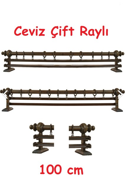 Ceviz Çift Raylı Ahşap Rustik Perde Askısı - Al Rustik Borusu 100 cm