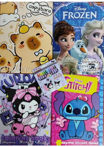 4 Adet Stickerli Boyama Kitabı 12 Li Pastel Boya Kalemi Hediyeli AD50725