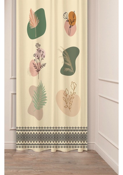 Yaprak Sade Pastel Soft Bohem Desenli Özel Tasarım Dijital Baskılı (Tek Kanat) Modern Şık Fon Perde