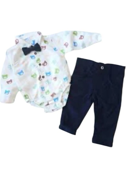 Erkek Bebek Ayıcık Desenli Gömlek,papyon,pantolon 3'lü Set