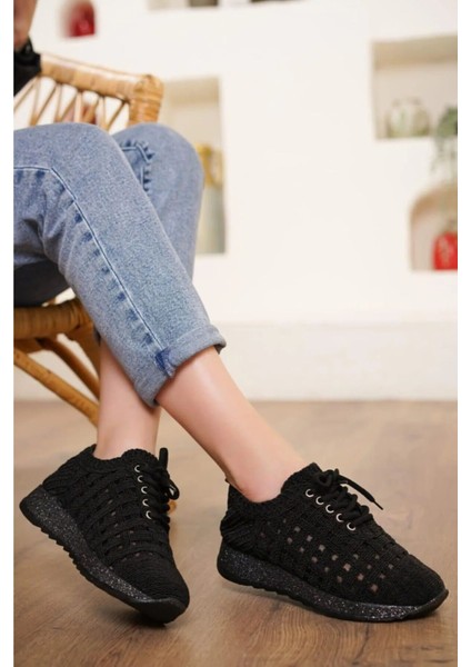 Kadın Alvore El Örgü Kadın Spor Ayakkabı Siyah - 37