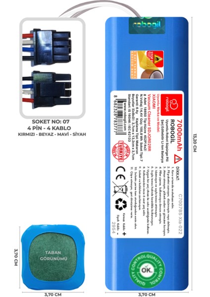 Xiaomi Vacuum Cleaner SDJQR02RR 7000mAh Pili Uyumlu Robot Süpürge Bataryası C7007BS-Xia-022