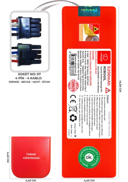 Xiaomi Vacuum Cleaner SDJQR02RR 5200mAh Pili Uyumlu Robot Süpürge Bataryası C5207RB-Xia-022