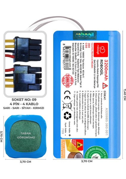 360 C50 3200mAh Uyumlu Robot Süpürge Pili A3209BS-360-001