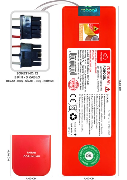 Philips HomeRun XU7100 7000mAh Pili Uyumlu Robot Süpürge Bataryası C7012RB-Phi-002