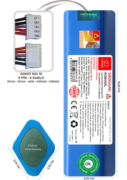 Ecovacs T5 Max/Power/Hero 5800mAh Uyumlu Robot Süpürge Pili D5815BS-Eco-020