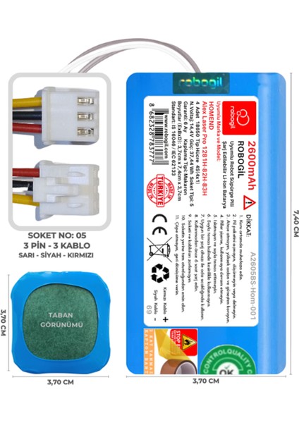 Homend Alex Laser Pro 1281H-82H-83H 2600mAh Pili Uyumlu Robot Süpürge Bataryası A2605BS-Hom-001