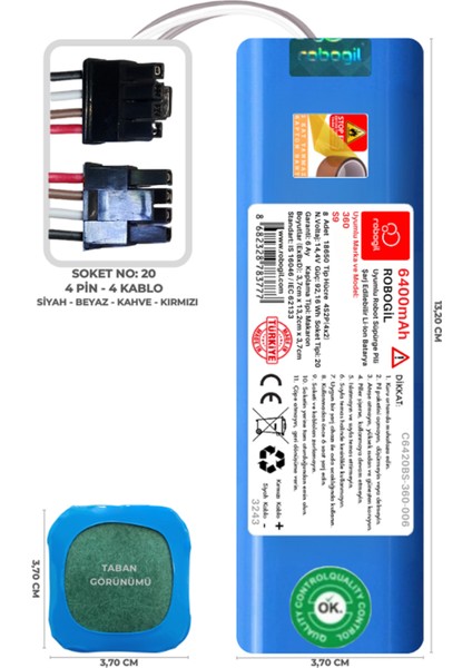 360 S9 6400mAh Pili Uyumlu Robot Süpürge Bataryası C6420BS-360-006