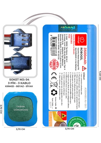 Airrobo P20 3500mAh Pili Uyumlu Robot Süpürge Bataryası A3504BS-Air-001