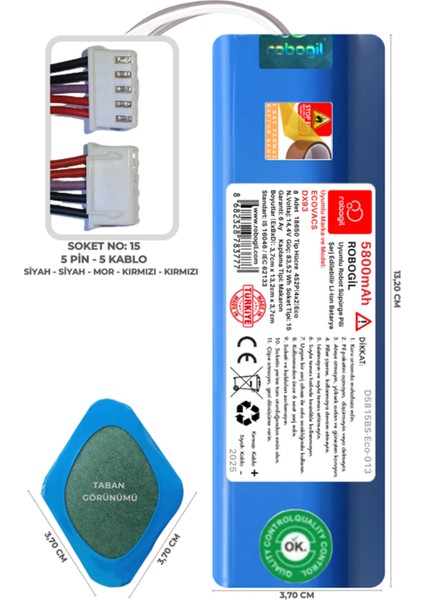 Ecovacs DX93 5800mAh Uyumlu Robot Süpürge Pili D5815BS-Eco-013