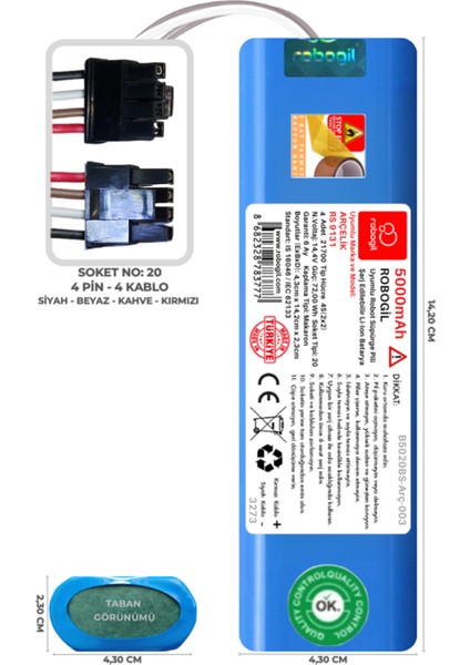 Arçelik RS 9131 5000mAh Pili Uyumlu Robot Süpürge Bataryası B5020BS-Arç-003