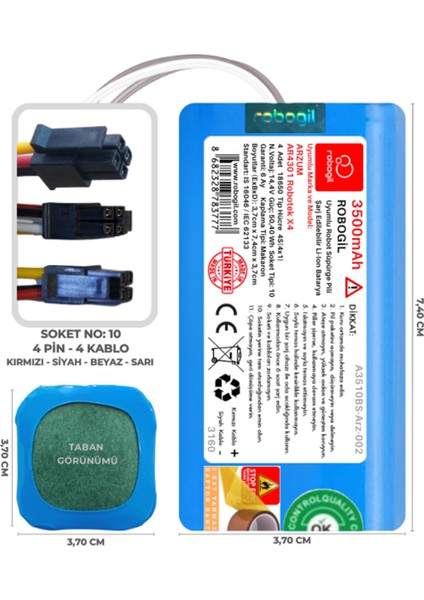 Arzum AR4304 Robotek X4 3500mAh Uyumlu Robot Süpürge Bataryası A3510BS-Arz-002