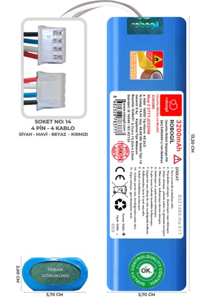Xiaomi Mop 2 STYTJ03ZHM 3200mAh Uyumlu Robot Süpürge Pili B3214BS-Xia-011