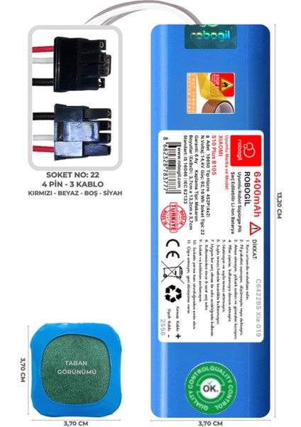 Xiaomi S10 Plus B105 6400mAh Uyumlu Robot Süpürge Pili C6422BS-Xia-019