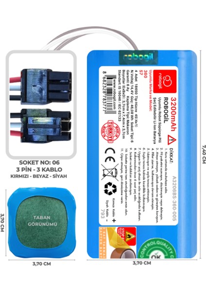 360 S7 3200mAh Uyumlu Robot Süpürge Pili A3206BS-360-005