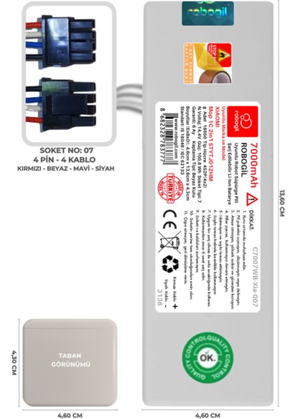 Xiaomi Mop 1C 2in1 STYTJ01ZHM 7000mAh Pili Uyumlu Robot Süpürge Bataryası C7007WB-Xia-007