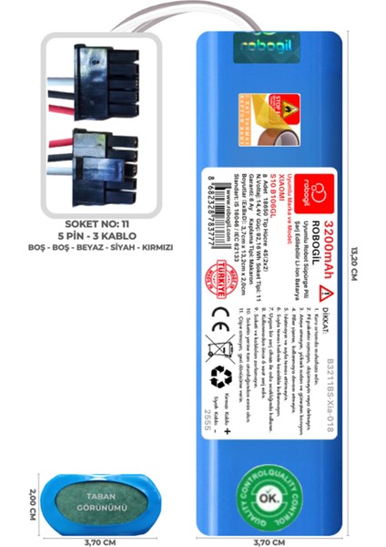 Xiaomi S10 B106GL 3200mAh Uyumlu Robot Süpürge Pili B3211BS-Xia-018
