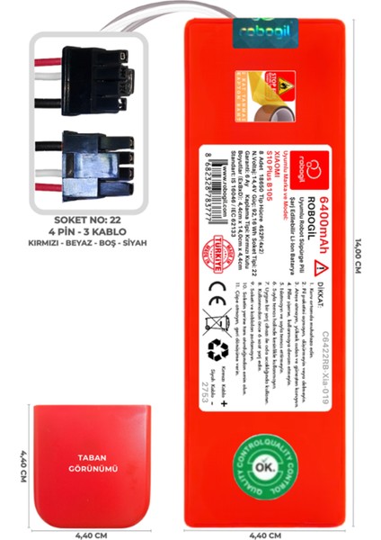 Xiaomi S10 Plus B105 6400mAh Pili Uyumlu Robot Süpürge Bataryası C6422RB-Xia-019