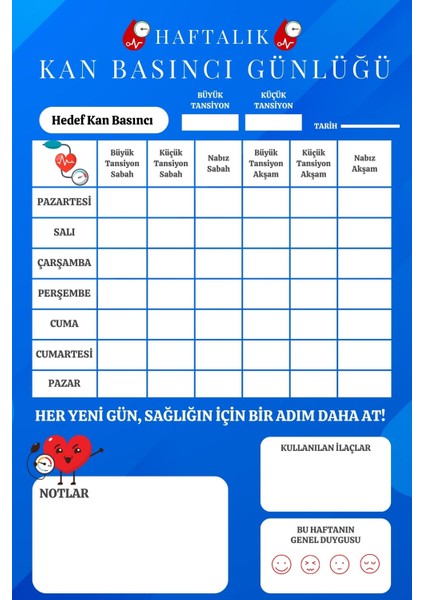 Tansiyon Ölçüm Takip Çizelgesi Defteri Özel Tasarım 6 Aylık A6 Boyut