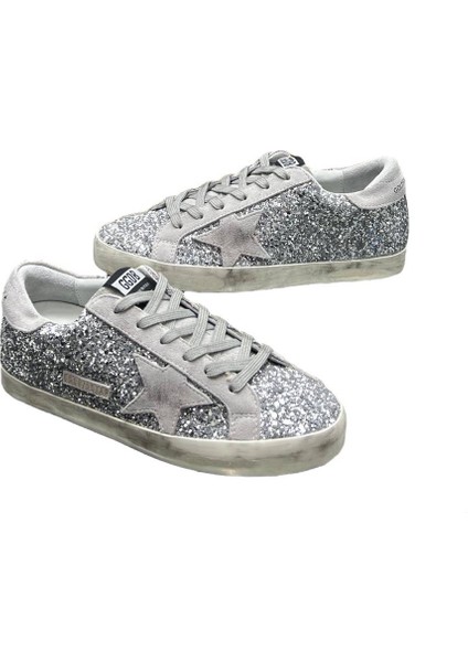 Women's Golden Goose Glitter Sneaker - Gümüş Simli -Taşlı Kadın Spor Ayakkabı