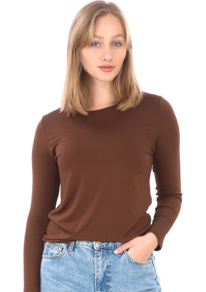 Kadın Bisiklet Yaka Viskon Likra Uzun Kollu Tişört-Kahve