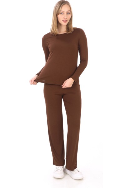 Kadın Bisiklet Yaka Viskon Likra Uzun Kollu Tişört-Kahve fiyatları