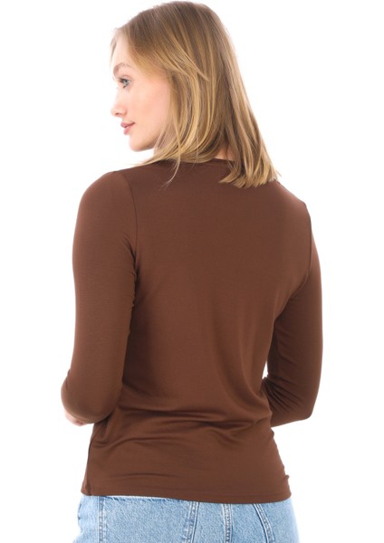 Kadın Bisiklet Yaka Viskon Likra Uzun Kollu Tişört-Kahve modelleri