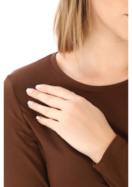 Kadın Bisiklet Yaka Viskon Likra Uzun Kollu Tişört-Kahve fırsatları